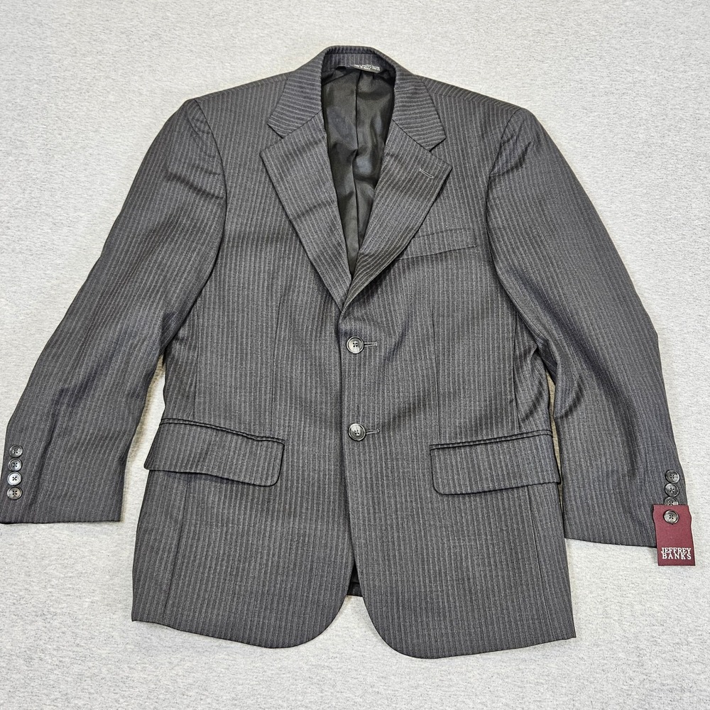Jeffrey Banks Mens 40R Pinstripe Suit Jacket 100% Wool Charcoal Grey Blazer